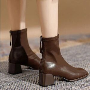 Brown Square Toe Heeled Ankle Boots